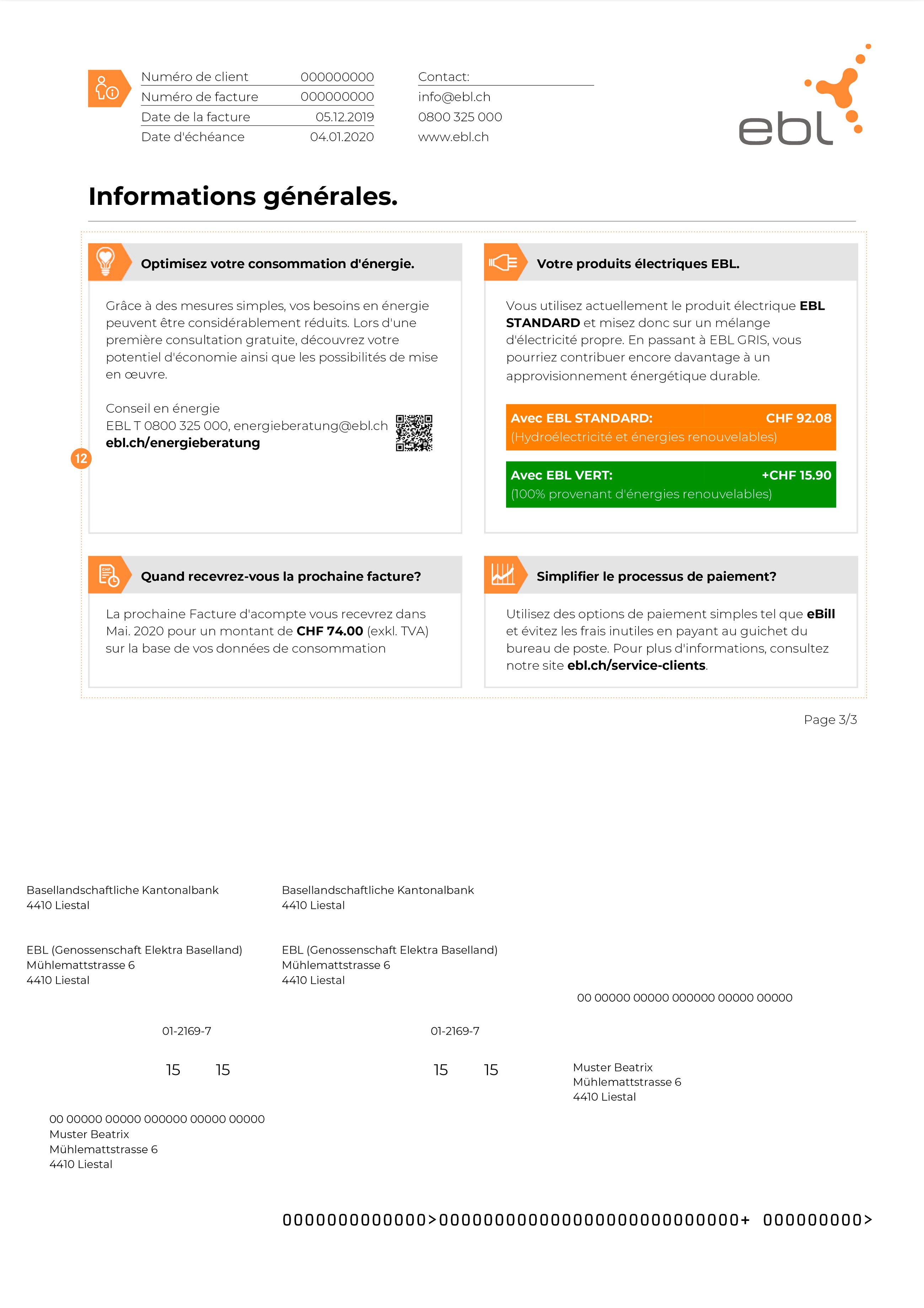 Page d'informations sur la facture